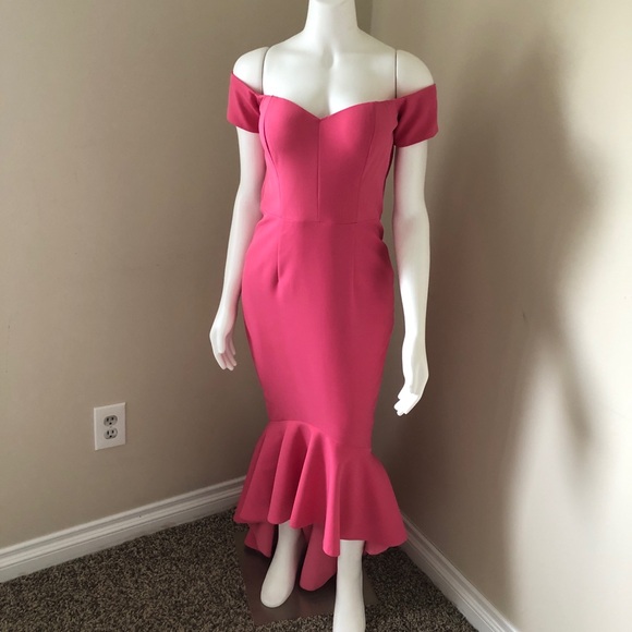 Abyss By Abby Pink Mirna Gown Prom Dress Off Shoulder Dress MIDI Ruffle Bottom - Picture 2 of 12